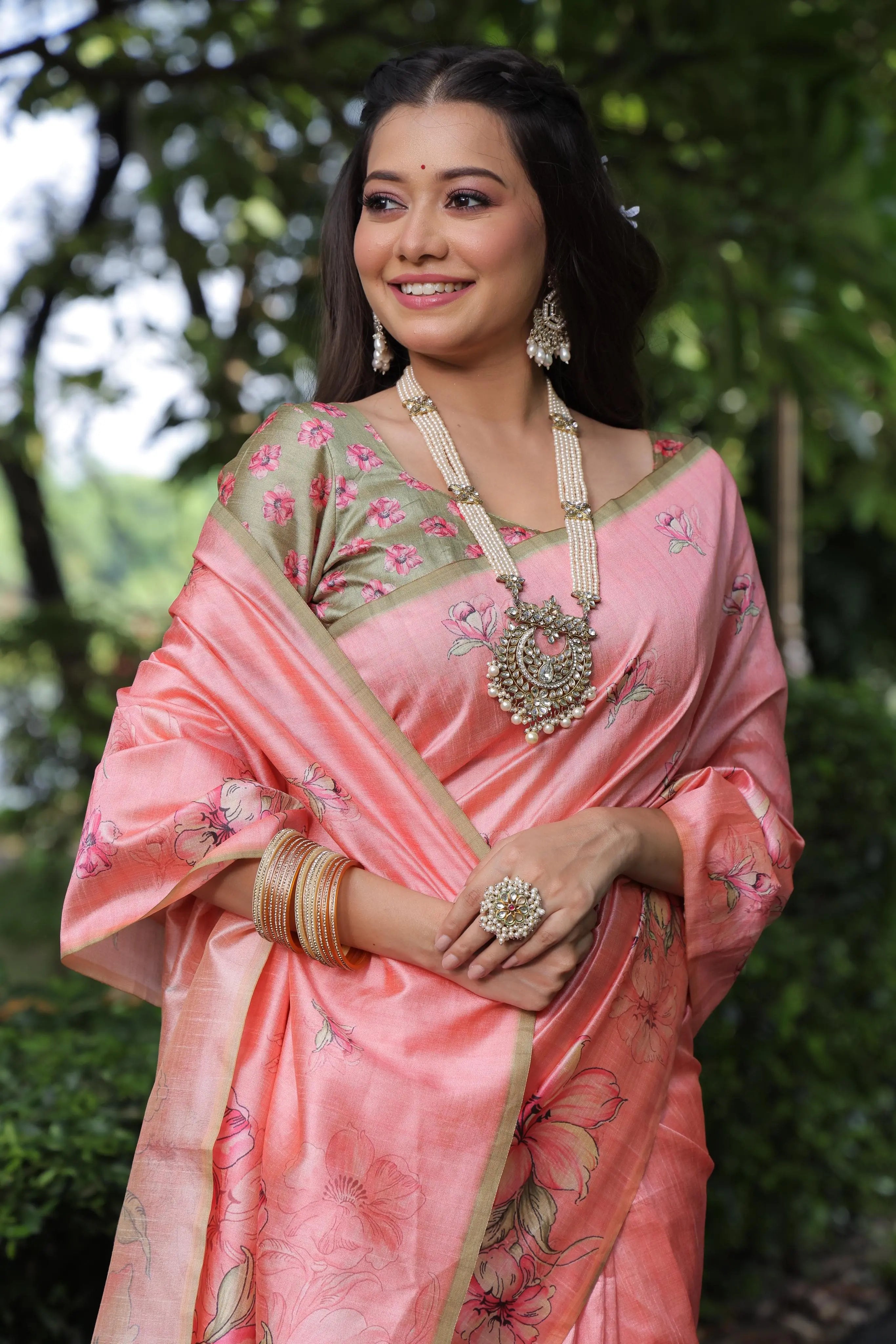 Tulip Pink Floral Silk Saree